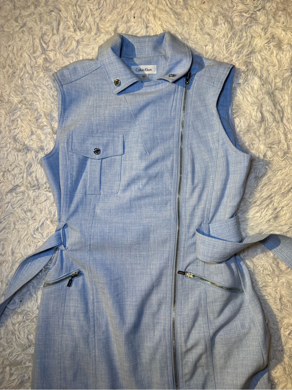 Calvin Klein Light Blue Sleeveless Zip-Front Belted Midi Dress - Picture 6 of 10